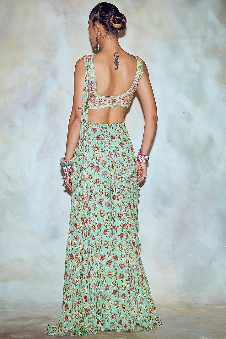 Mint Green Floral Printed Sharara Wedding Saree Set by DiyaRajvvir at Pernia's Pop Up Shop