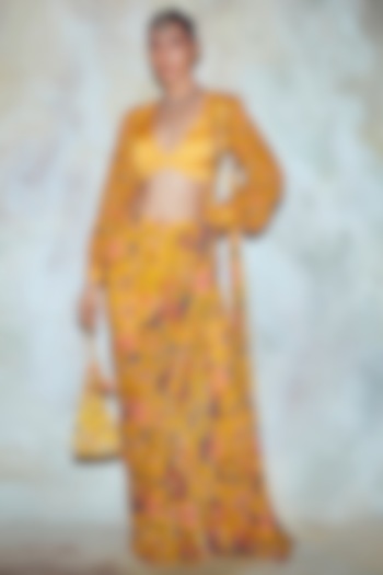 Yellow Printed Gharara Saree Set by DiyaRajvvir