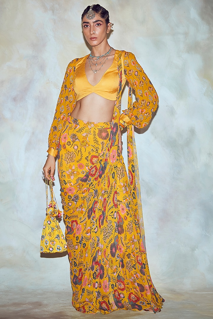 Yellow Printed Gharara Saree Set by DiyaRajvvir