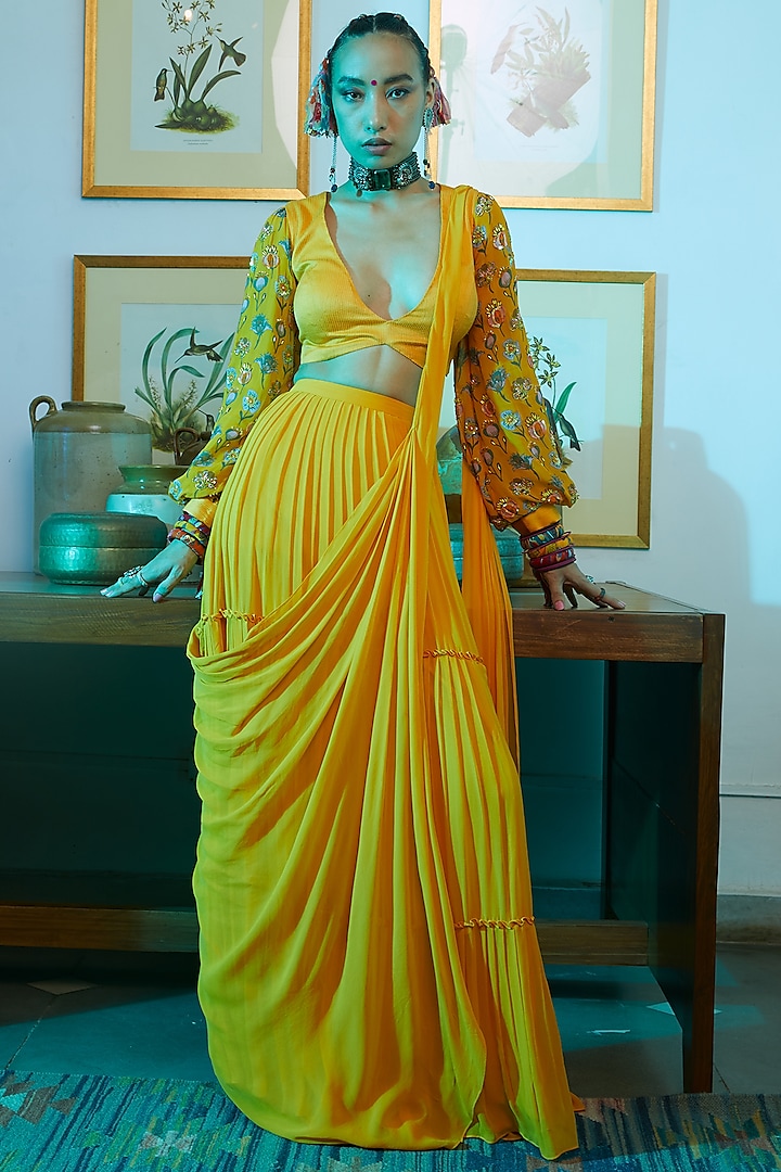 Yellow Georgette & Modal Tiered Skirt Saree Set by DiyaRajvvir