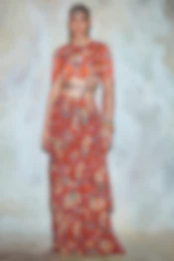Rust Printed Layered Saree Set by DiyaRajvvir