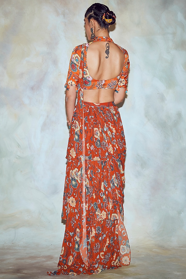 Rust Printed Layered Wedding Saree Set by DiyaRajvvir at Pernia's Pop Up Shop