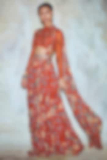 Rust Georgette Jaal Printed Sharara Pant Saree Set by DiyaRajvvir