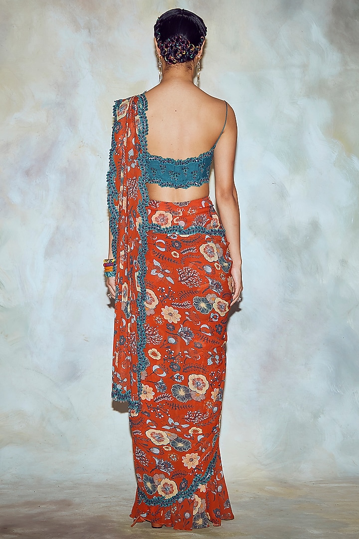 Rust Red Printed & Embroidered Pre-Stitched Wedding Saree Set by DiyaRajvvir at Pernia's Pop Up Shop