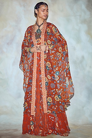 Rust Printed Kalidar Skirt Set by DiyaRajvvir
