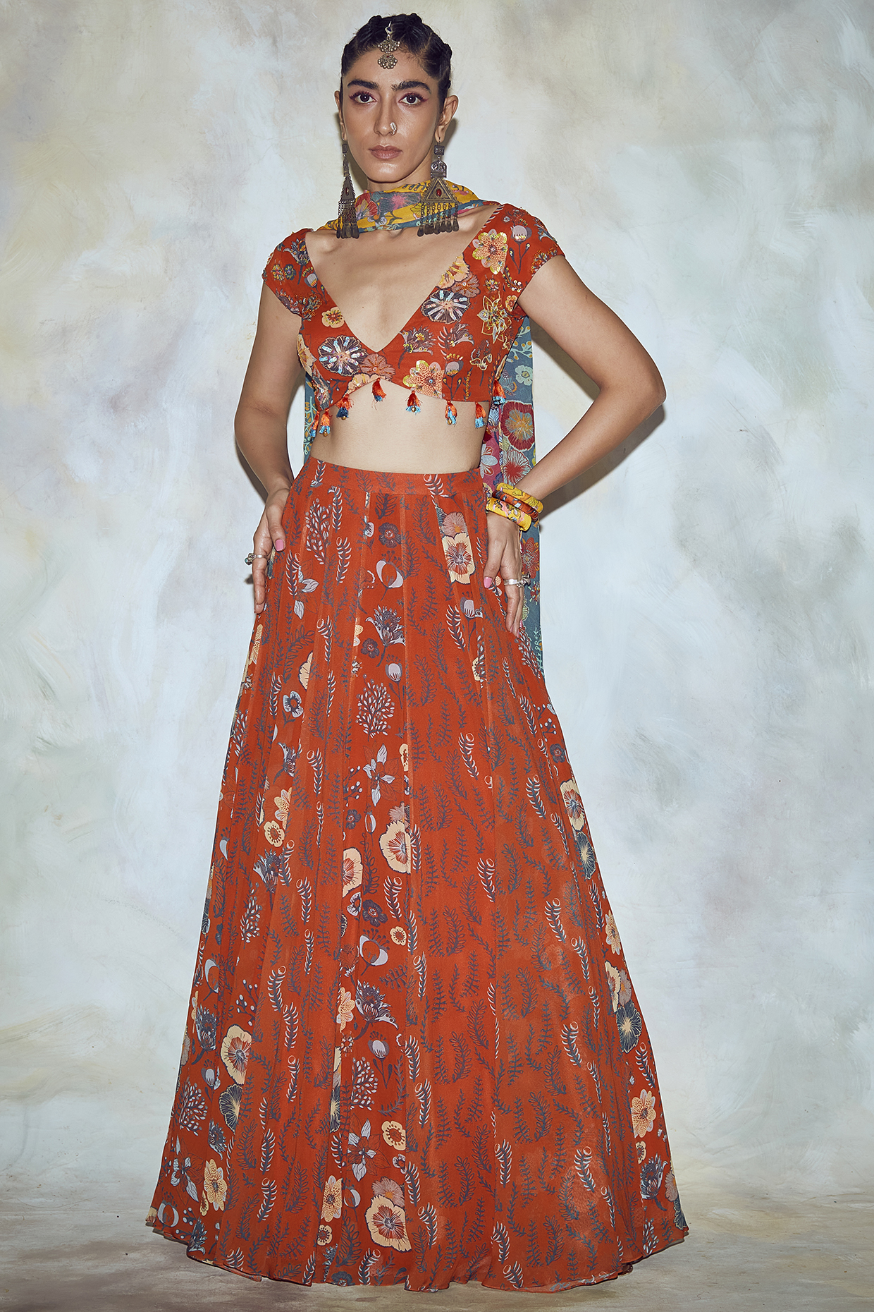 Rust Georgette Jaal Printed Wedding Lehenga Set by DiyaRajvvir at Pernia's Pop Up Shop