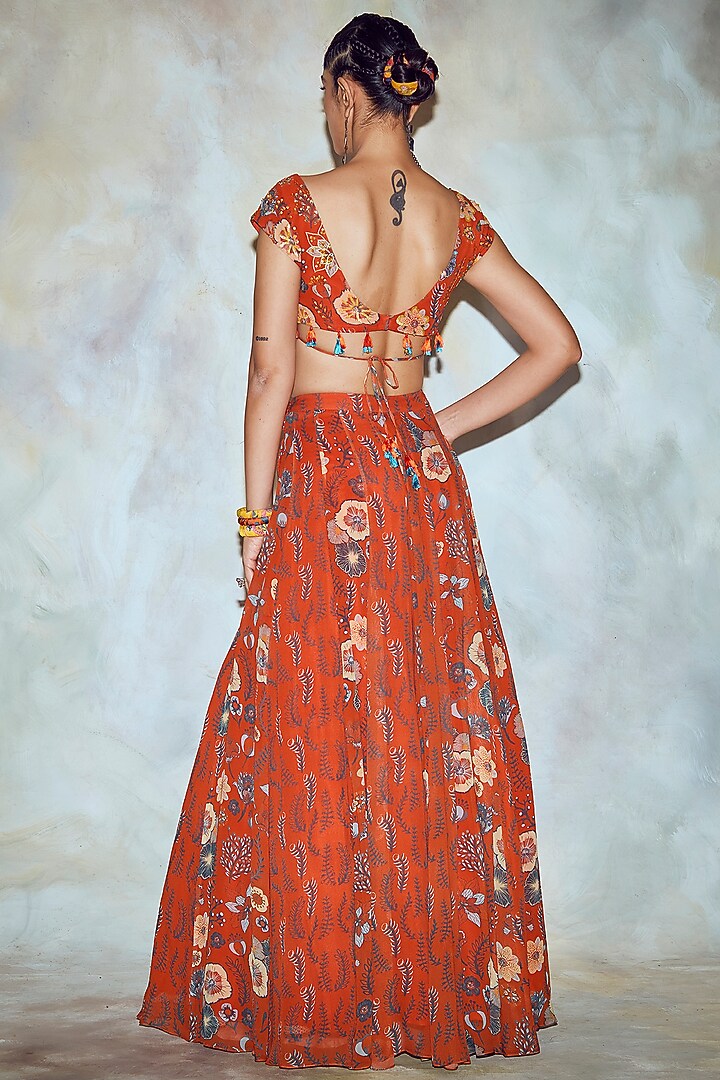 Rust Georgette Jaal Printed Wedding Lehenga Set by DiyaRajvvir at Pernia's Pop Up Shop