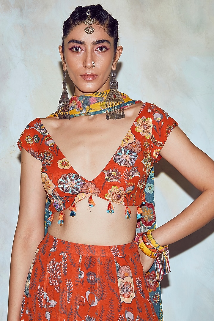 Rust Georgette Jaal Printed Wedding Lehenga Set by DiyaRajvvir at Pernia's Pop Up Shop
