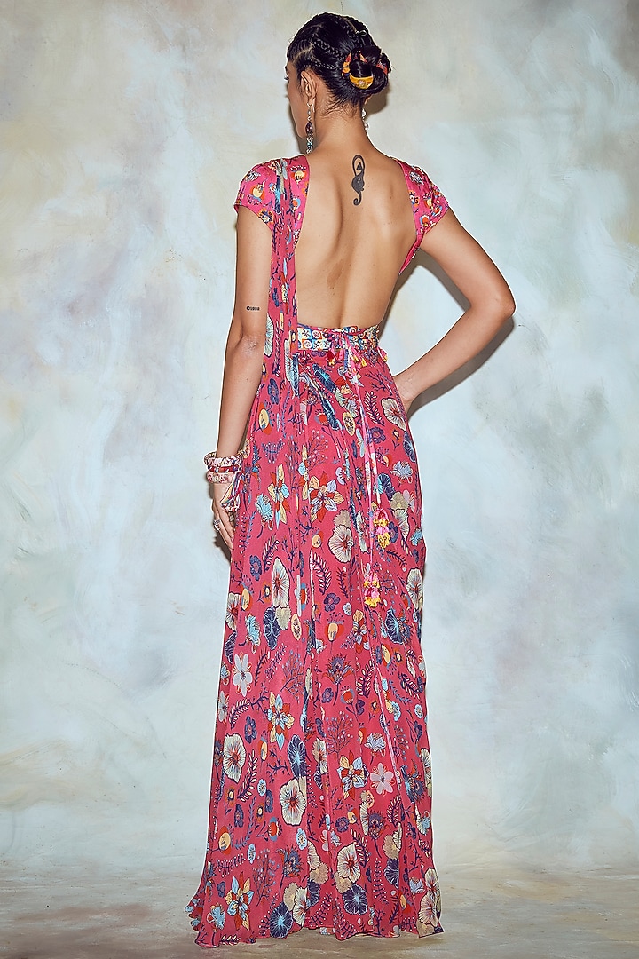 Fuchsia Floral Printed Sharara Wedding Saree Set by DiyaRajvvir at Pernia's Pop Up Shop