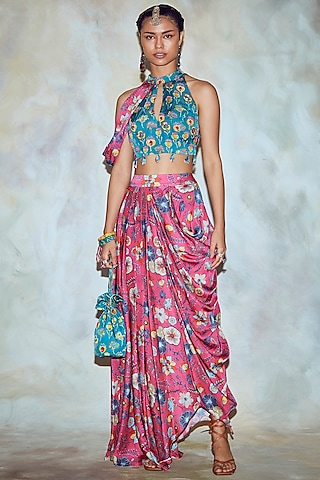 Fuchsia Floral Butta Printed Dhoti Skirt Set by DiyaRajvvir