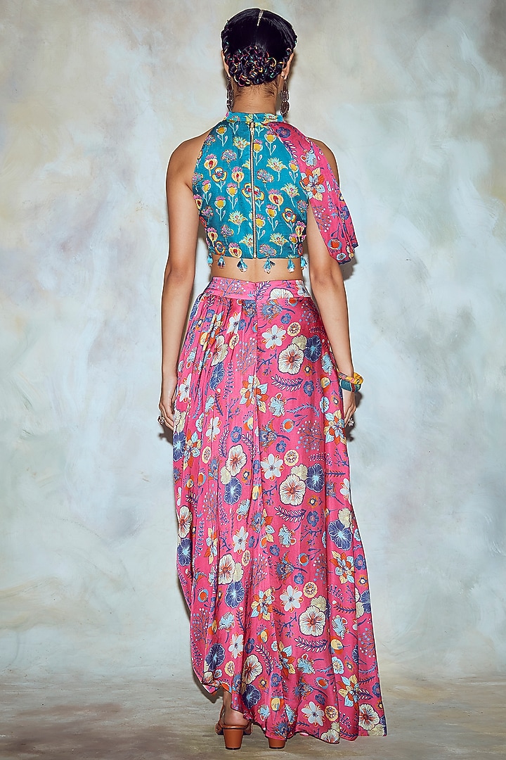 Fuchsia Floral Butta Printed Dhoti Skirt Set by DiyaRajvvir at Pernia's Pop Up Shop