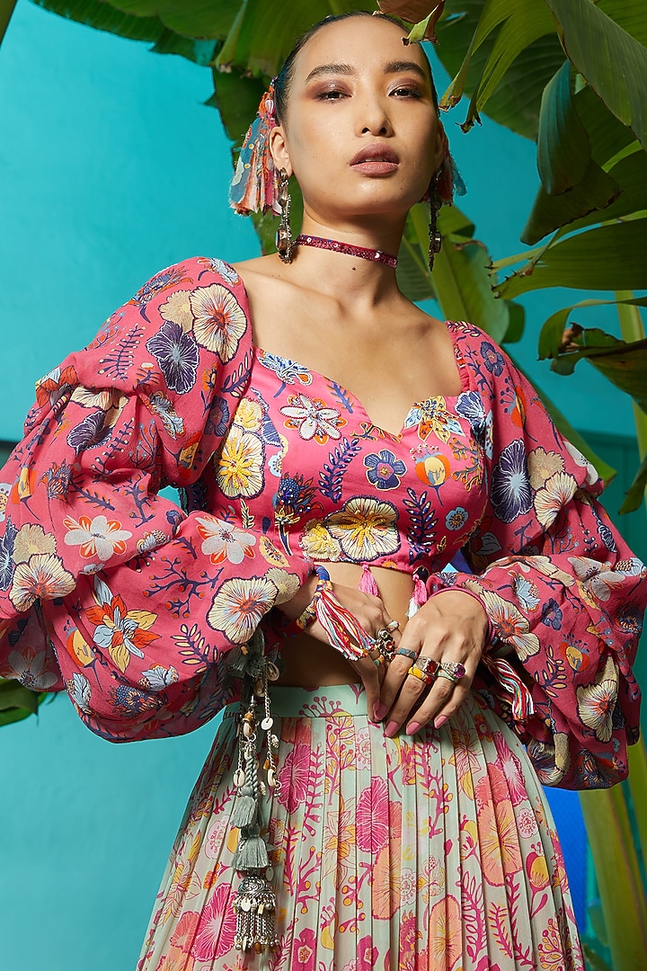 Fuchsia Color Blocked Tiered Skirt Set by DiyaRajvvir at Pernia's Pop Up Shop
