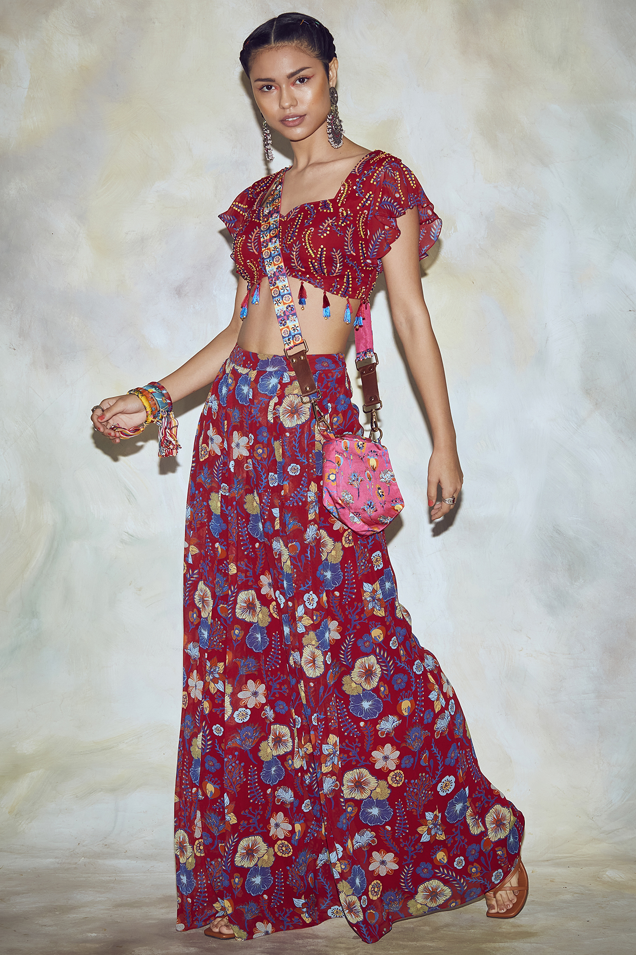 Crimson Red Printed Palazzo Pant Set With Bag Belt by DiyaRajvvir at Pernia's Pop Up Shop