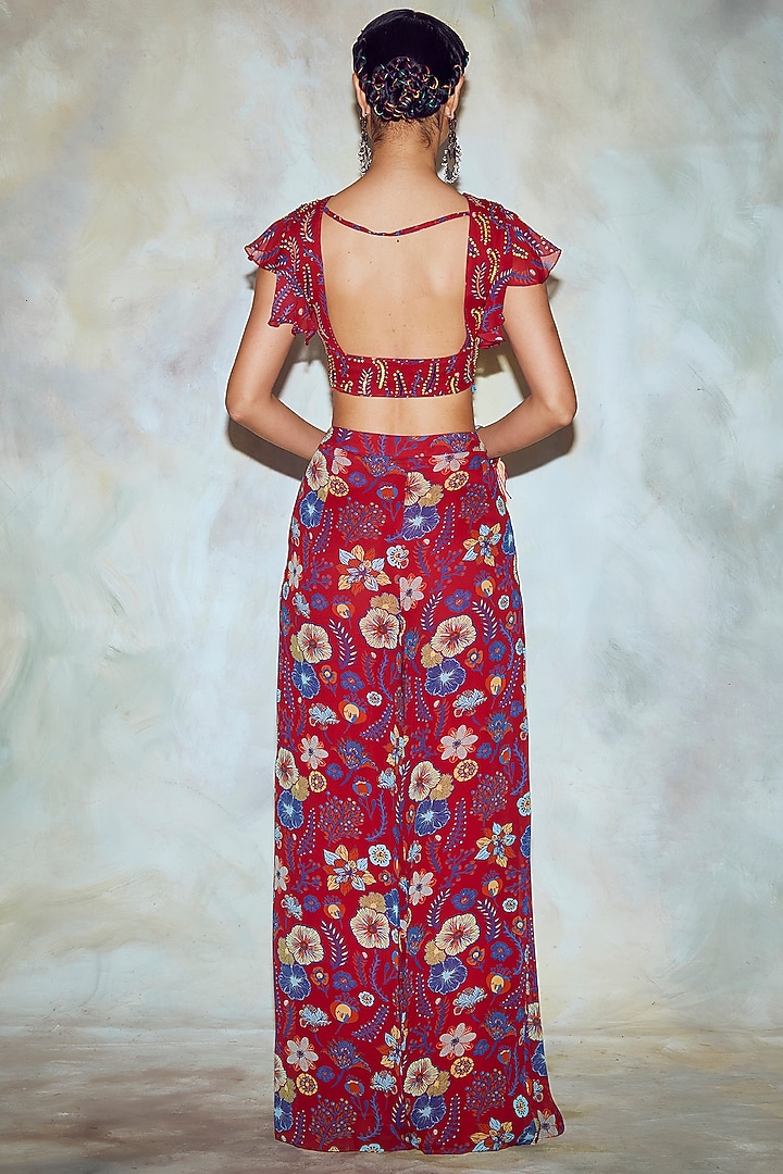 Crimson Red Printed Palazzo Pant Set With Bag Belt by DiyaRajvvir at Pernia's Pop Up Shop