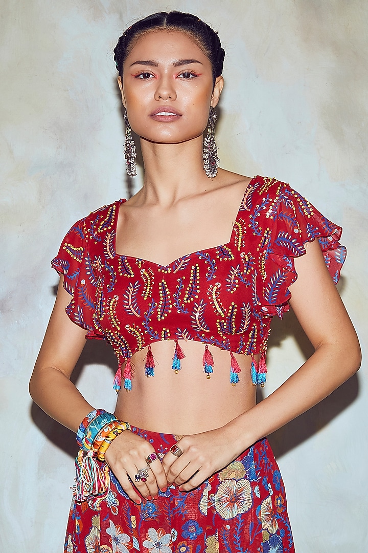 Crimson Red Printed Palazzo Pant Set With Bag Belt by DiyaRajvvir at Pernia's Pop Up Shop