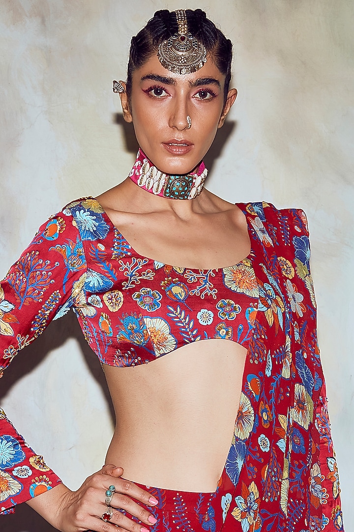 Crimson Red Jaal Printed Wedding Sharara Set by DiyaRajvvir at Pernia's Pop Up Shop