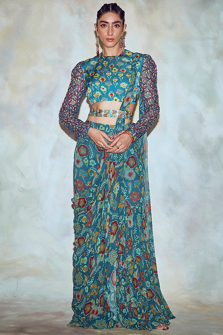 Teal Blue Georgette Floral Boota Printed Gharara Wedding Saree Set by DiyaRajvvir at Pernia's Pop Up Shop