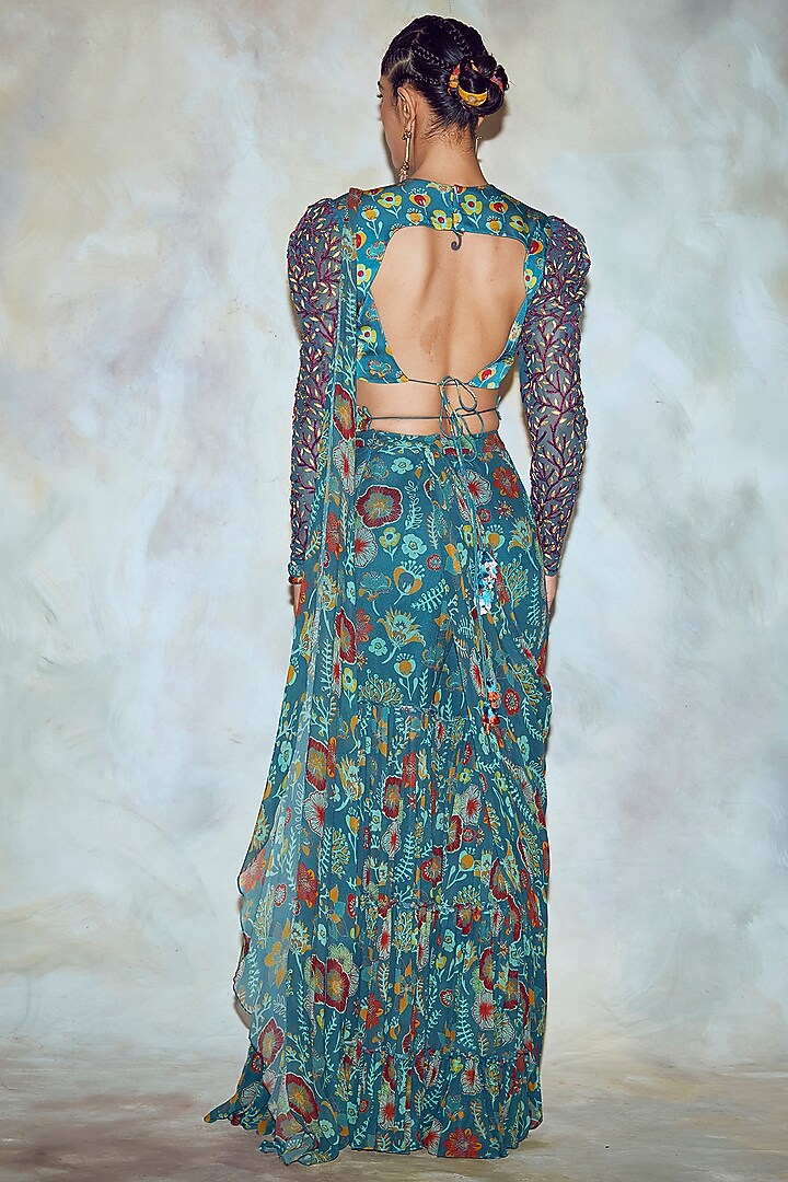 Teal Blue Georgette Floral Boota Printed Gharara Wedding Saree Set by DiyaRajvvir at Pernia's Pop Up Shop