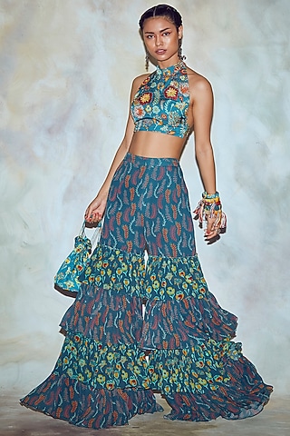 Teal Blue Printed Layered Pant Set by DiyaRajvvir