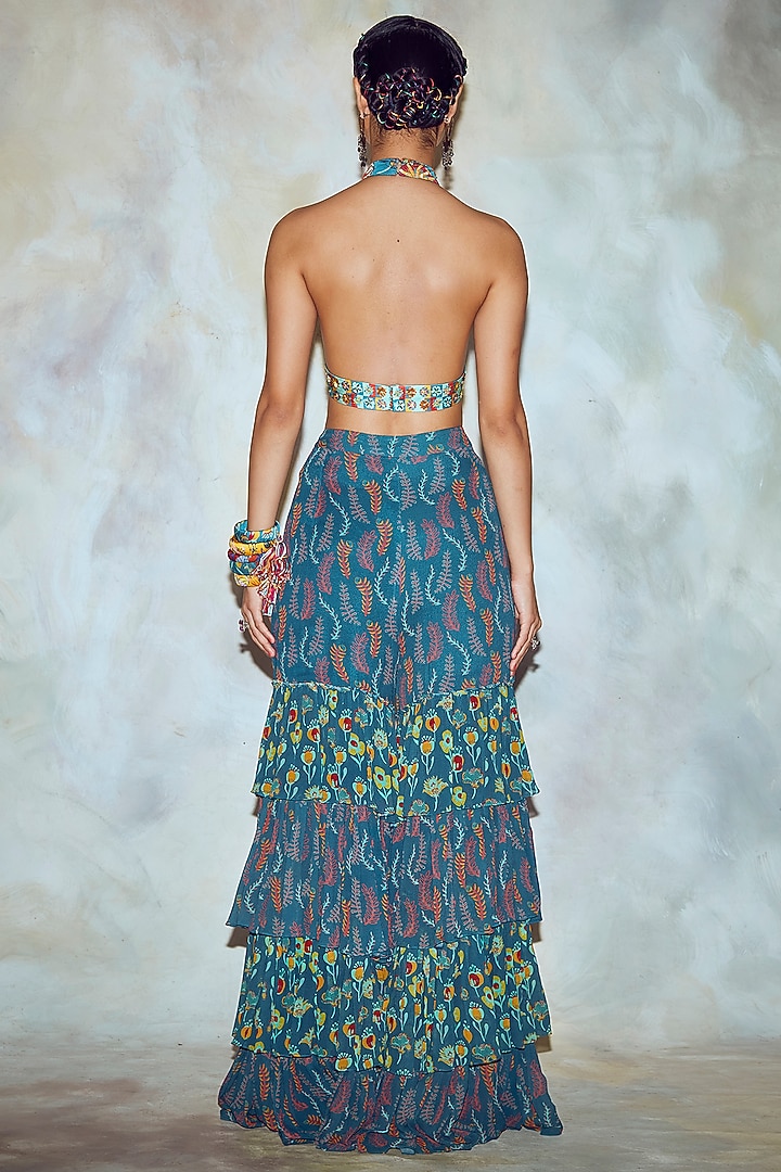 Teal Blue Printed Layered Pant Set by DiyaRajvvir at Pernia's Pop Up Shop