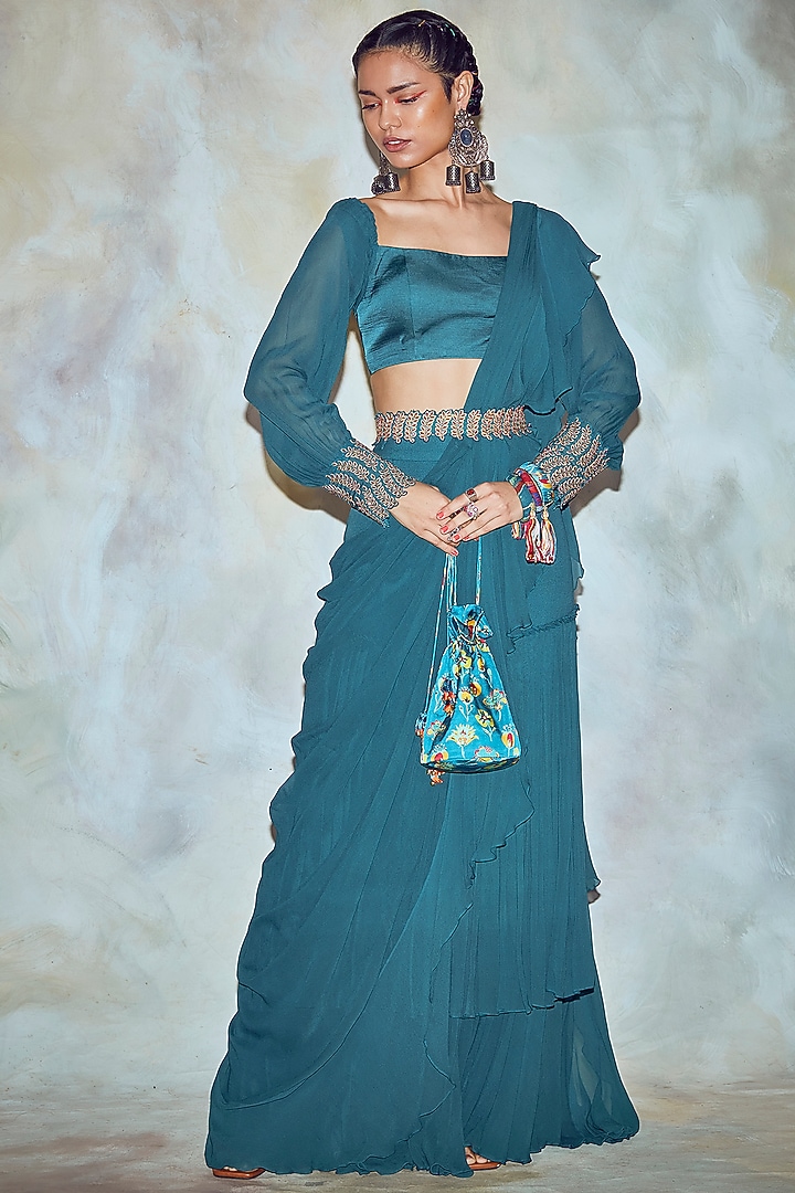 Teal Blue Ruffled Wedding Saree Set by DiyaRajvvir at Pernia's Pop Up Shop