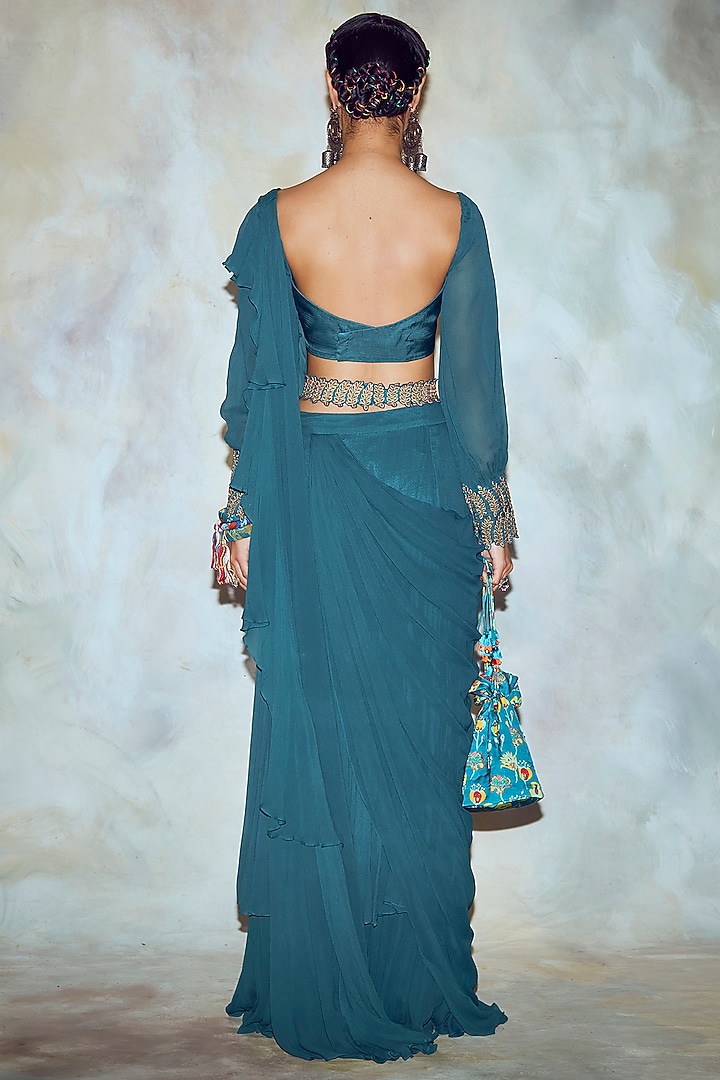 Teal Blue Ruffled Wedding Saree Set by DiyaRajvvir at Pernia's Pop Up Shop