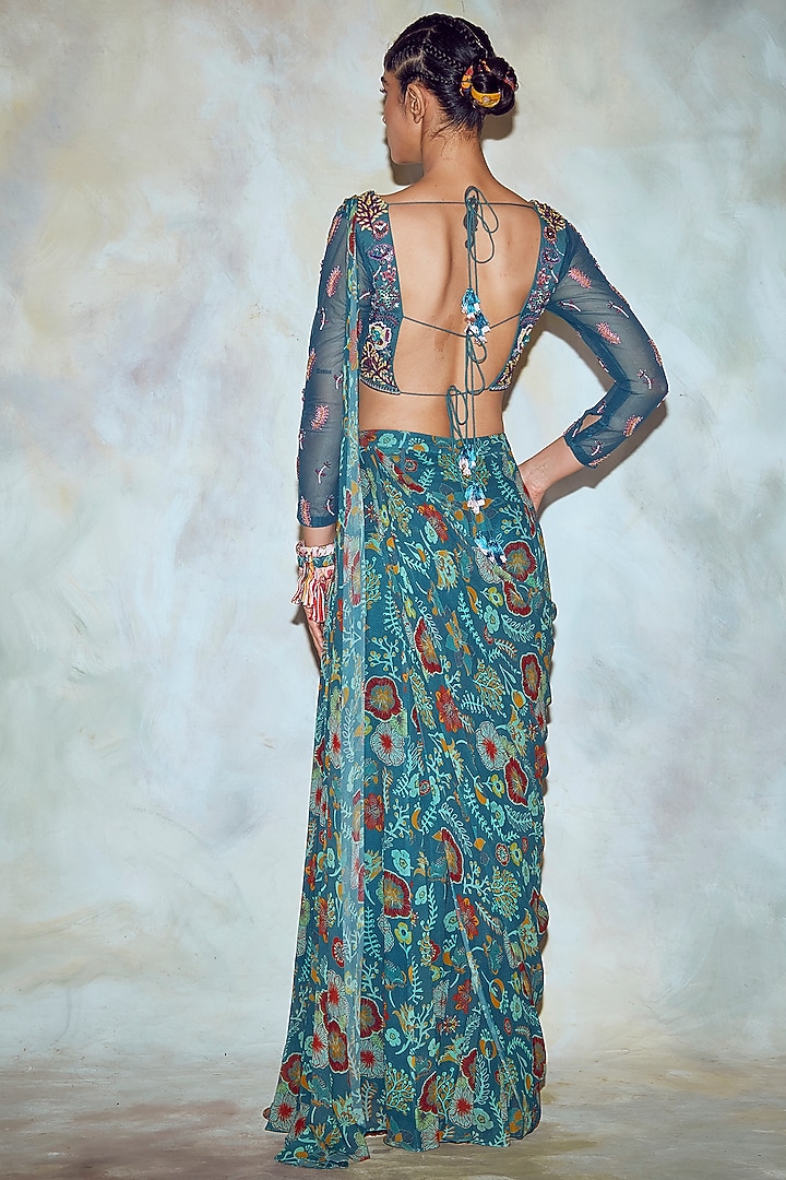 Teal Blue Georgette Jaal Printed Sharara Wedding Saree Set by DiyaRajvvir at Pernia's Pop Up Shop