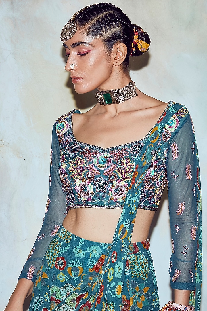 Teal Blue Georgette Jaal Printed Sharara Wedding Saree Set by DiyaRajvvir at Pernia's Pop Up Shop