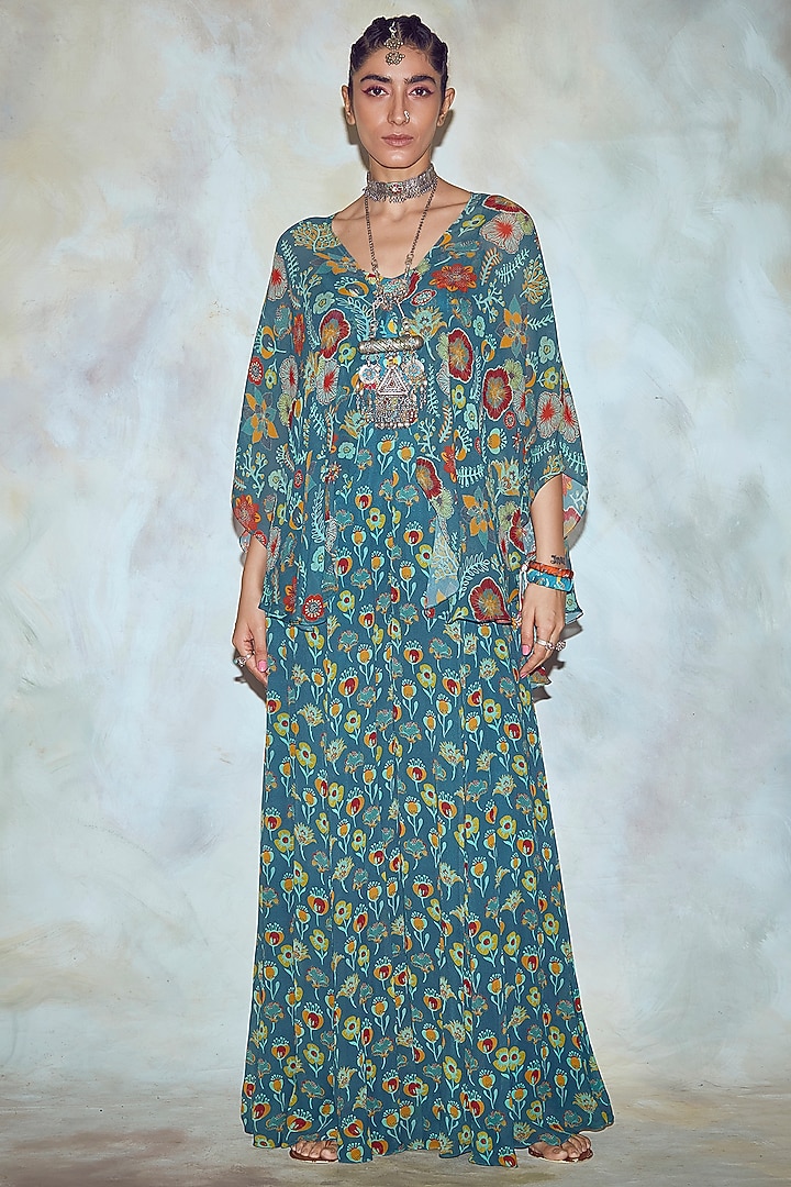 Teal Blue Embroidered & Floral Printed Jumpsuit Set by DiyaRajvvir at Pernia's Pop Up Shop