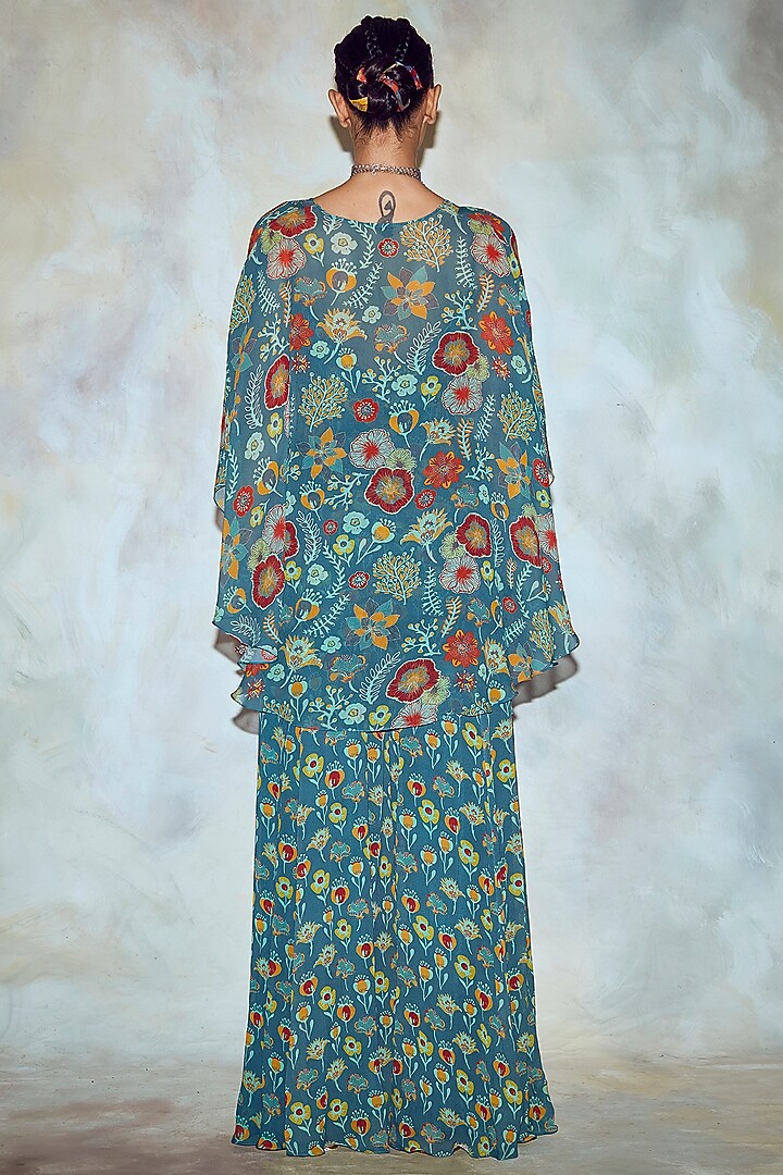 Teal Blue Embroidered & Floral Printed Jumpsuit Set by DiyaRajvvir at Pernia's Pop Up Shop
