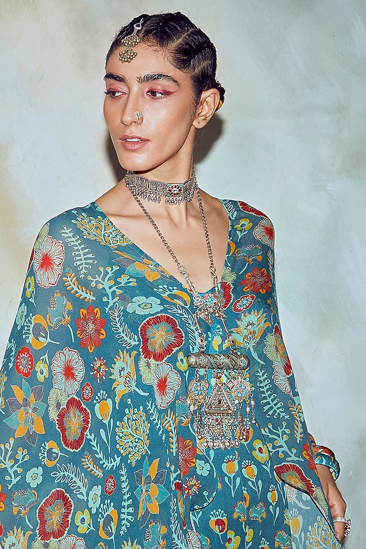 Teal Blue Embroidered & Floral Printed Jumpsuit Set by DiyaRajvvir at Pernia's Pop Up Shop