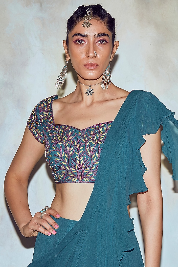 Teal Blue Georgette Ruffled Wedding Saree Set by DiyaRajvvir at Pernia's Pop Up Shop