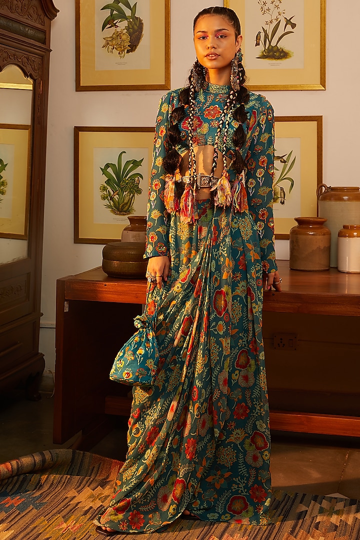 Teal Blue Printed Pre-Stitched Saree Set by DiyaRajvvir at Pernia's Pop Up Shop