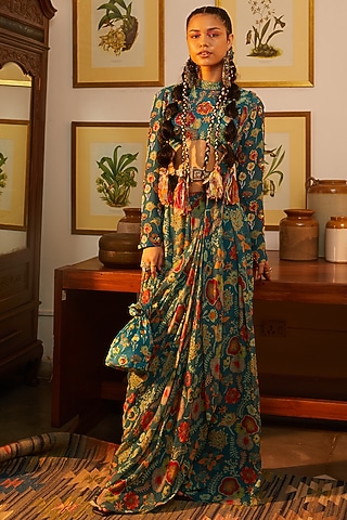 Teal Blue Printed Pre-Stitched Saree Set by DiyaRajvvir