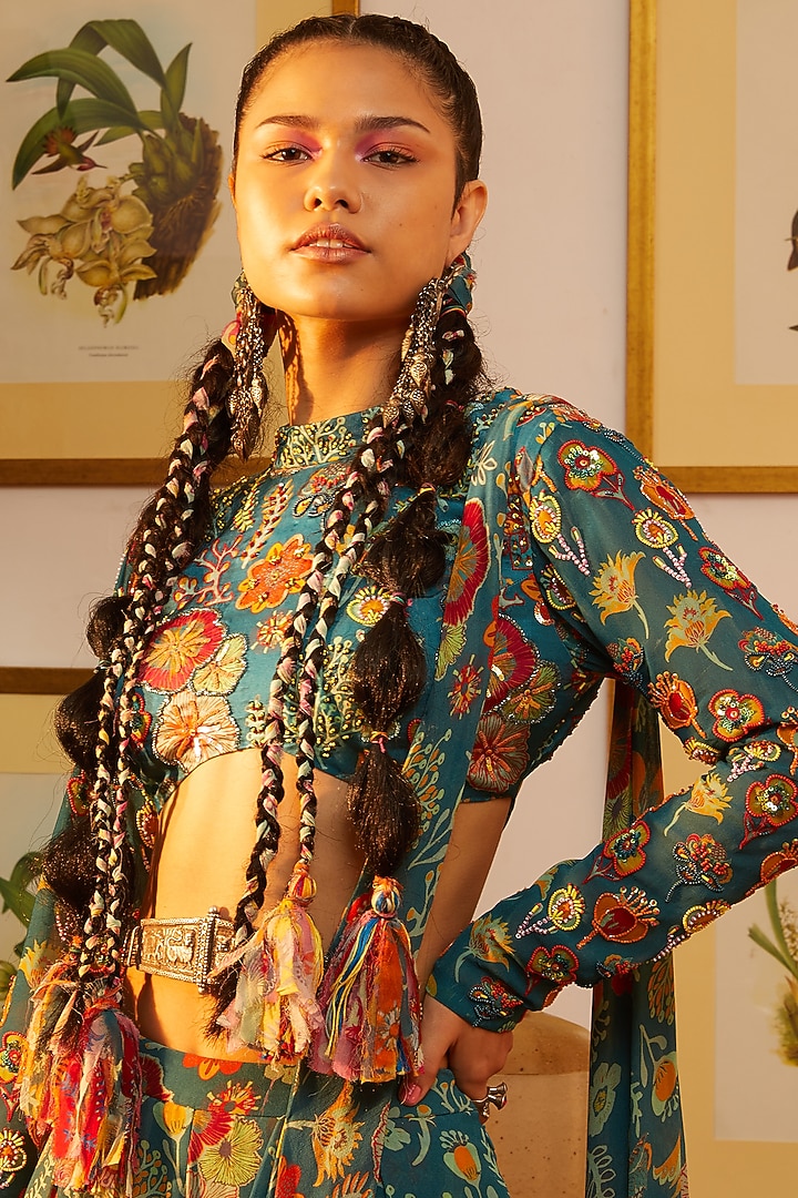 Teal Blue Printed Pre-Stitched Wedding Saree Set by DiyaRajvvir at Pernia's Pop Up Shop