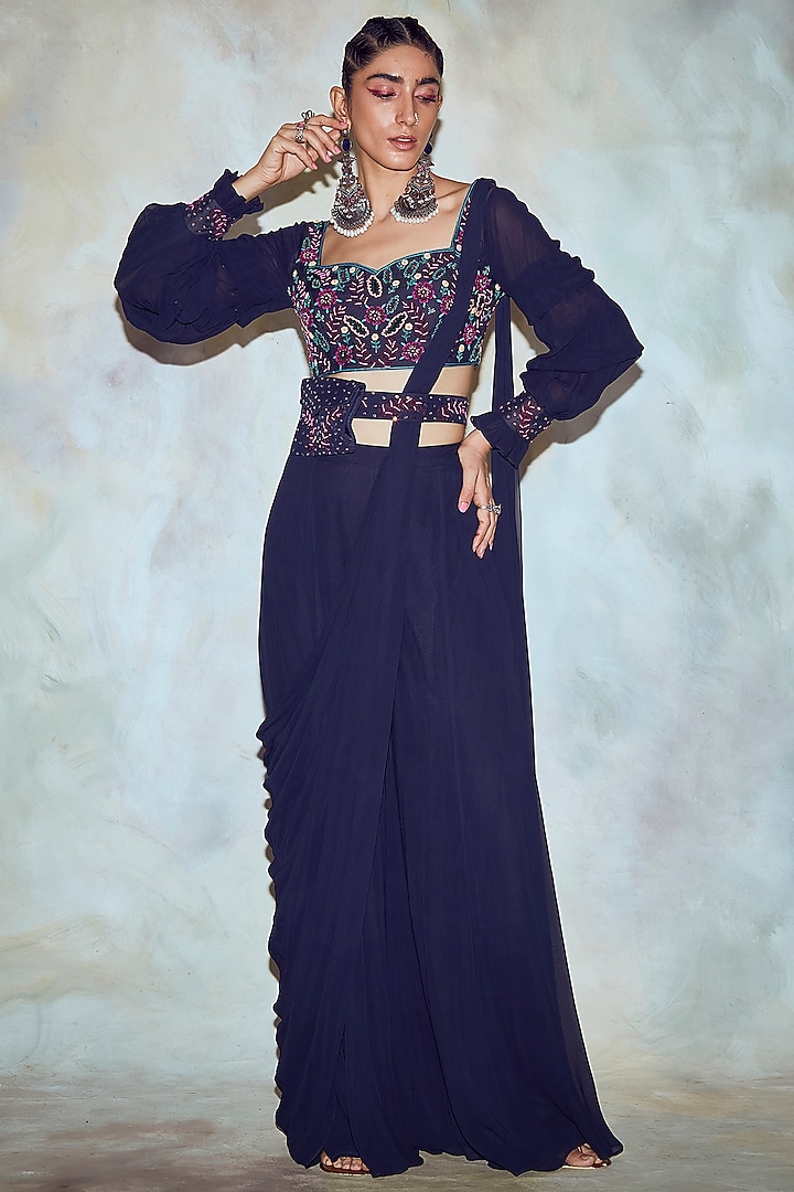 Dark Blue Georgette Pre-Stitched Sharara Saree Set by DiyaRajvvir