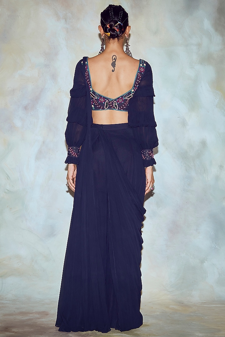 Dark Blue Georgette Pre-Stitched Sharara Wedding Saree Set by DiyaRajvvir at Pernia's Pop Up Shop