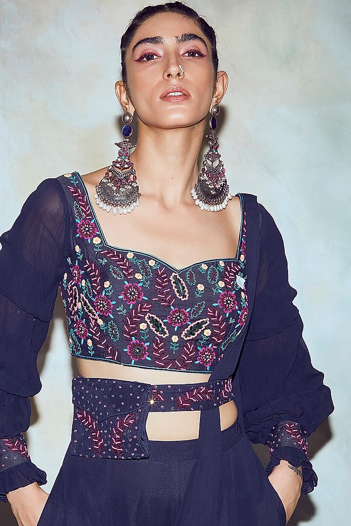 Dark Blue Georgette Pre-Stitched Sharara Wedding Saree Set by DiyaRajvvir at Pernia's Pop Up Shop