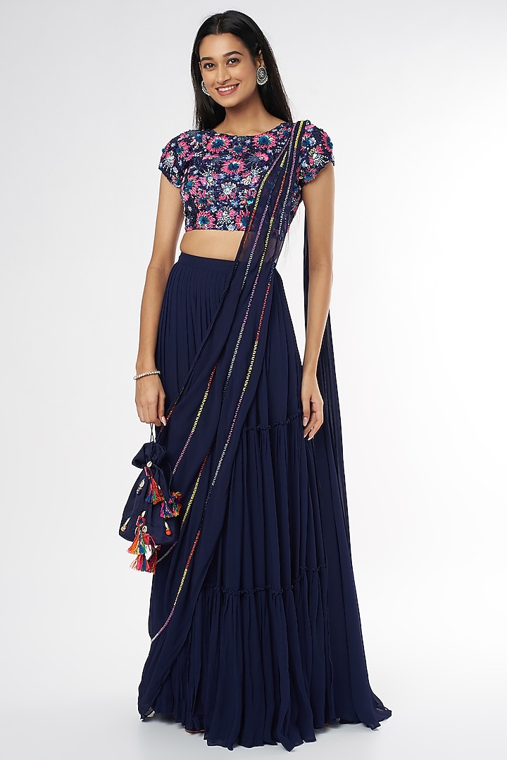 Dark Blue Embroidered Skirt Saree Set With Potli Bag by DiyaRajvvir at Pernia's Pop Up Shop