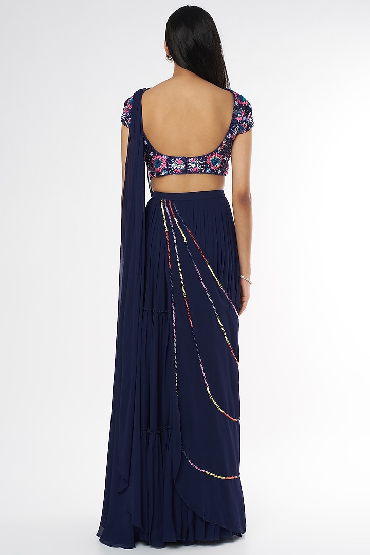 Dark Blue Embroidered Skirt Wedding Saree Set With Potli Bag by DiyaRajvvir at Pernia's Pop Up Shop