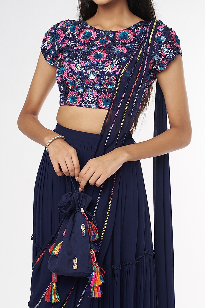 Dark Blue Embroidered Skirt Wedding Saree Set With Potli Bag by DiyaRajvvir at Pernia's Pop Up Shop