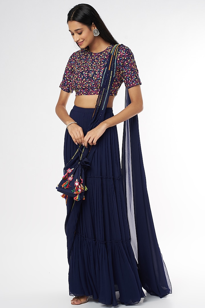 Dark Blue Georgette Skirt Saree Set With Potli Bag by DiyaRajvvir