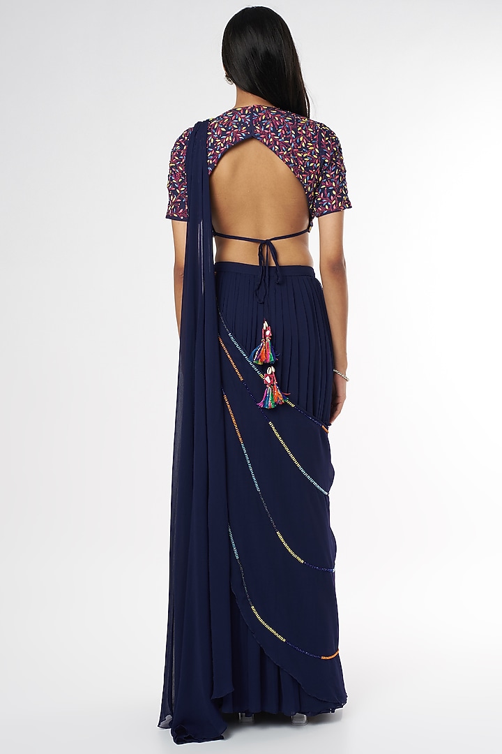 Dark Blue Georgette Skirt Wedding Saree Set With Potli Bag by DiyaRajvvir at Pernia's Pop Up Shop