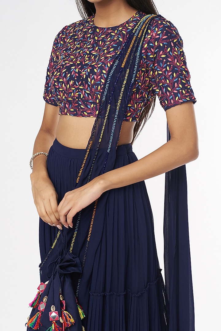 Dark Blue Georgette Skirt Wedding Saree Set With Potli Bag by DiyaRajvvir at Pernia's Pop Up Shop