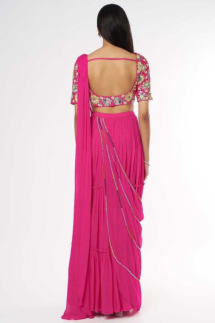 Fuchsia Pink Cotton Silk & Georgette Tiered Skirt Wedding Saree Set by DiyaRajvvir at Pernia's Pop Up Shop