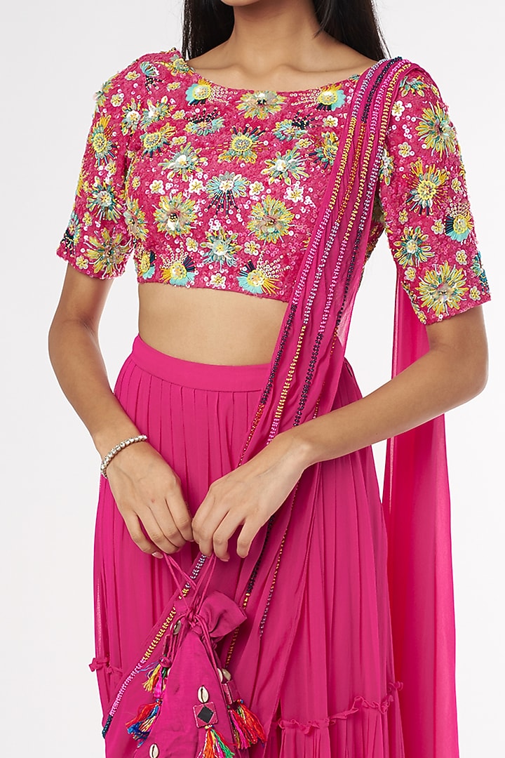 Fuchsia Pink Cotton Silk & Georgette Tiered Skirt Wedding Saree Set by DiyaRajvvir at Pernia's Pop Up Shop