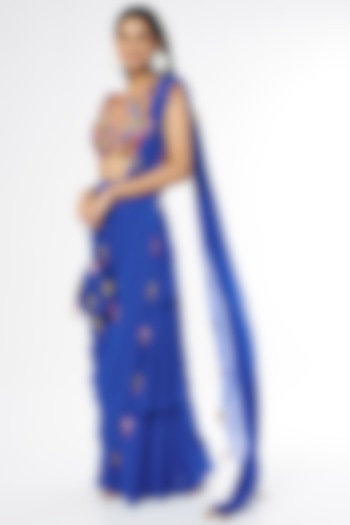 Indigo Blue Tasseled Skirt Wedding Saree Set With Potli Bag by DiyaRajvvir at Pernia's Pop Up Shop
