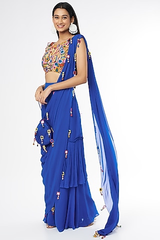 Indigo Blue Tasseled Skirt Saree Set With Potli Bag by DiyaRajvvir