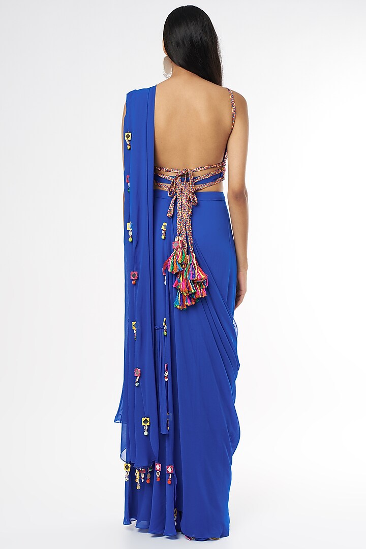Indigo Blue Tasseled Skirt Wedding Saree Set With Potli Bag by DiyaRajvvir at Pernia's Pop Up Shop