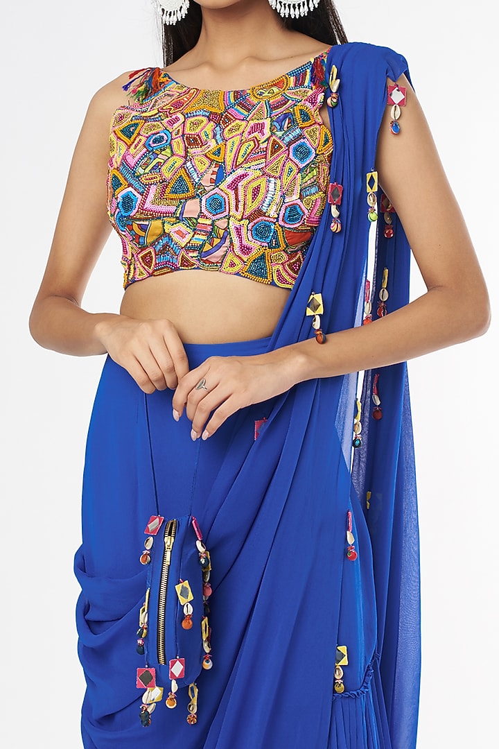 Indigo Blue Tasseled Skirt Wedding Saree Set With Potli Bag by DiyaRajvvir at Pernia's Pop Up Shop